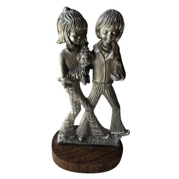 Peltro Cessallato Pewter Sculpture Boy Girl With Dog On Wooden Base 5" T - Picture 1 of 9